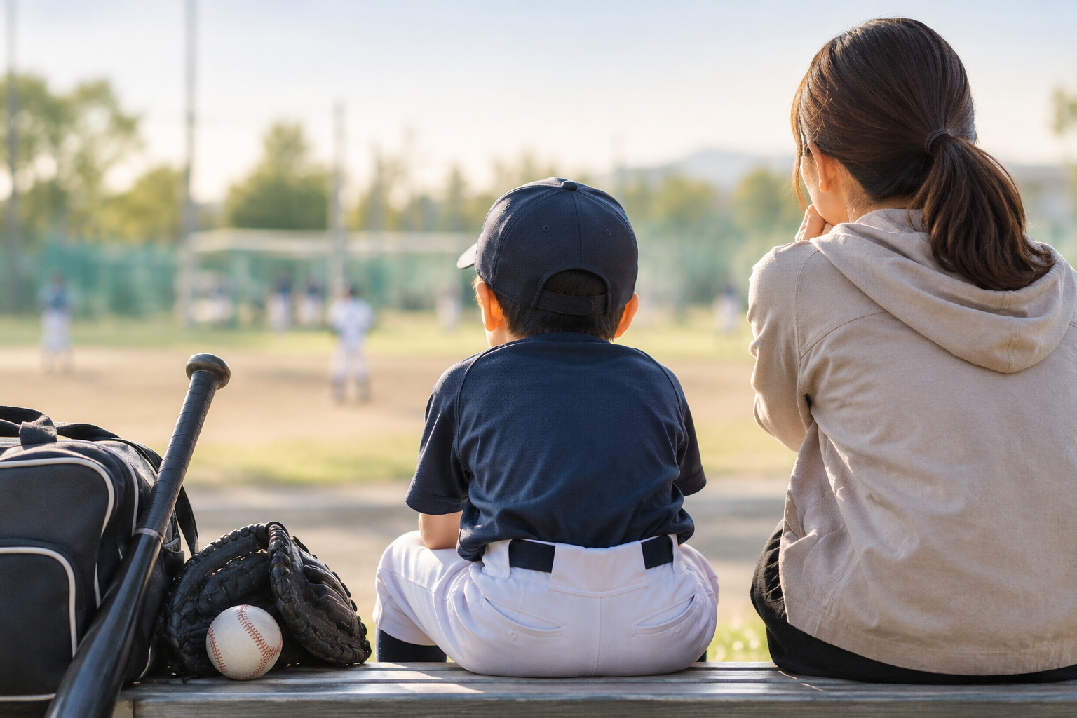 試合に出られない子を見守る親子のイラスト