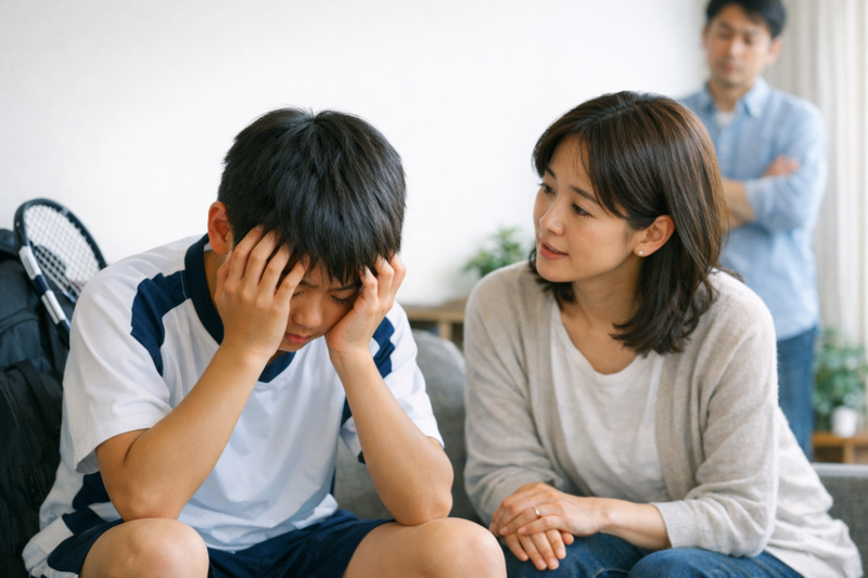 心配そうな母親が動揺した息子を慰め、背景で父親が見守っている場面