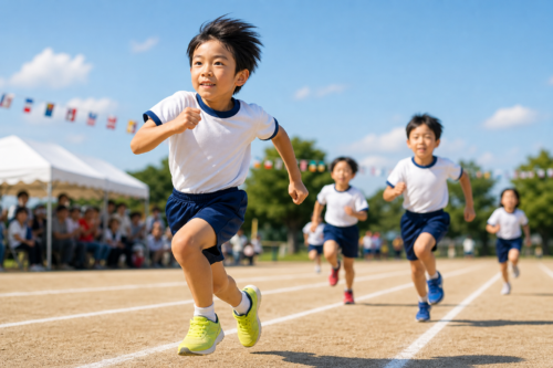 Children racing on a sunny school sports day, running on the track outdoors