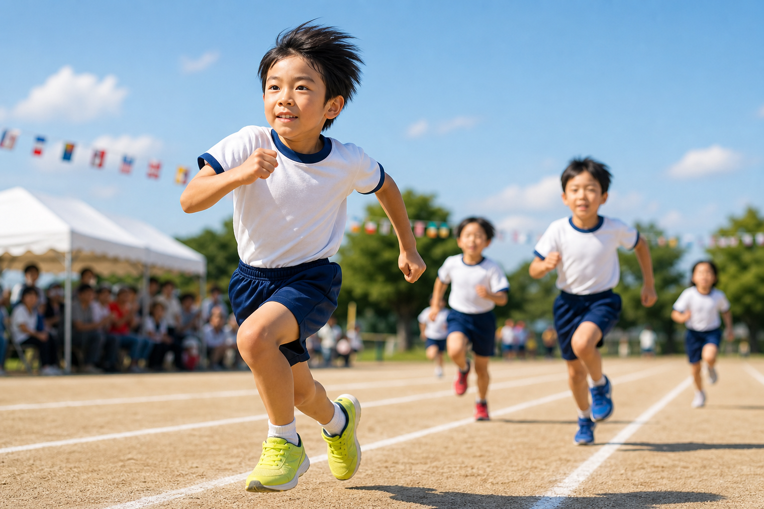 Children racing on a sunny school sports day, running on the track outdoors