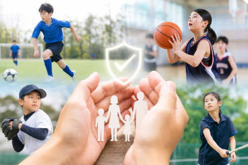 Collage of children playing sports, protected by a family care concept