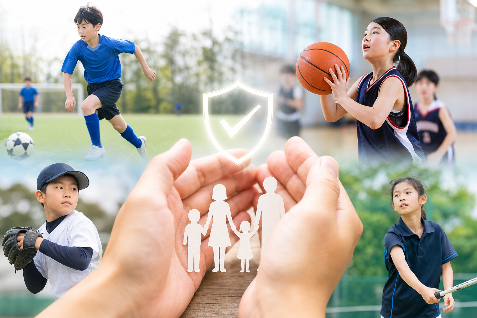 スポーツを楽しむ子供たちのコラージュ。