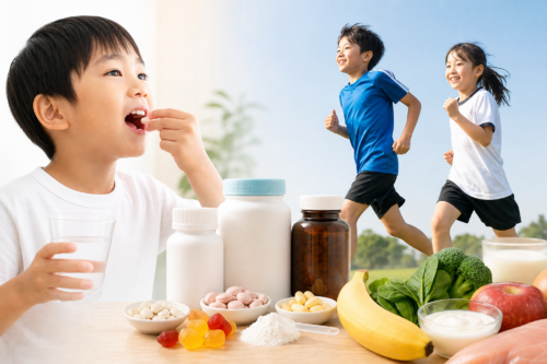 Healthy children taking vitamins and running outdoors with fresh fruits and vegetables