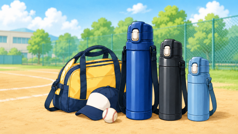 スポーツをする小学生向けの水筒のイラスト
