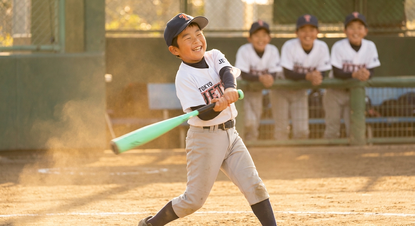 野球のユニフォームを着た少年が満面の笑みでバットを振っており、土煙が舞っている。背景には他の少年たちが笑顔で見守っている。