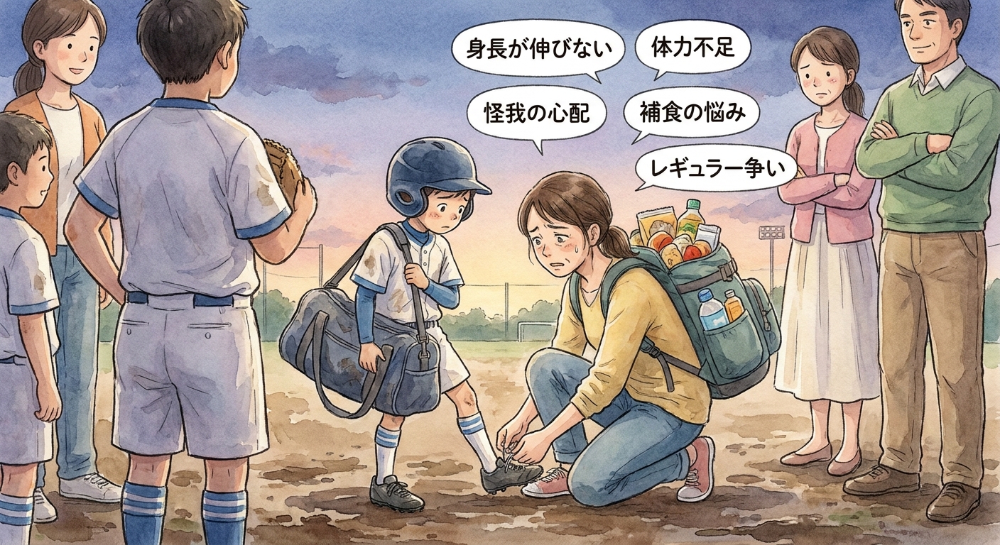 野球をする息子の靴ひもを結ぶ母親。母親の頭上には、身長、体力、怪我、補食、レギュラー争いに関する悩みが吹き出しで示されている。