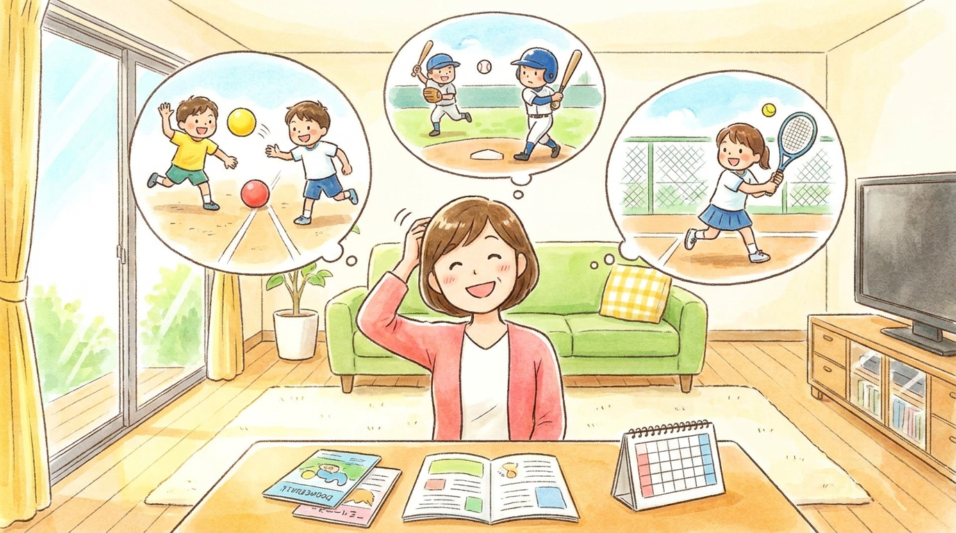 少年野球のチーム選びで見るべきポイント|親が入団前に確認したいこと 3 雑誌を見ながら、子供たちがドッジボール、野球、テニスをする様子を想像している女性。
